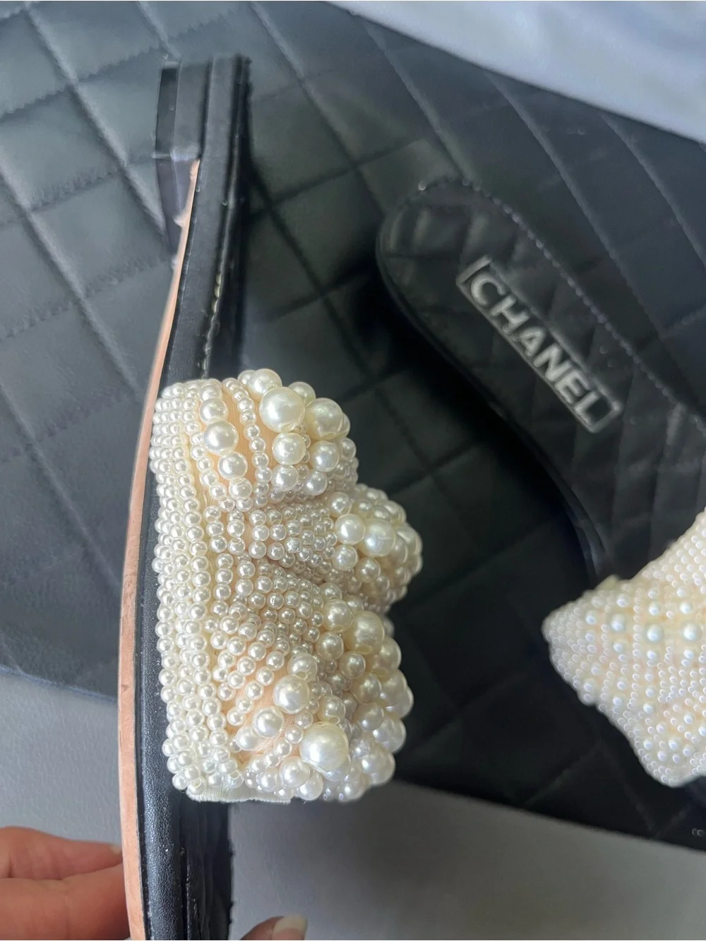 CHANEL Pearl-Embellished Black Slide Sandals with Ivory Beaded Straps